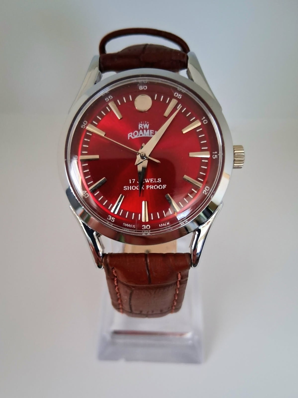 Vintage Roamer Men's Leather Mechanical Red & Silver Watch RARE